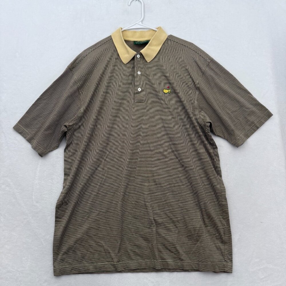 Amen Corner Masters Polo Shirt Mens L Beige Stripe Golf Peformance Athletic